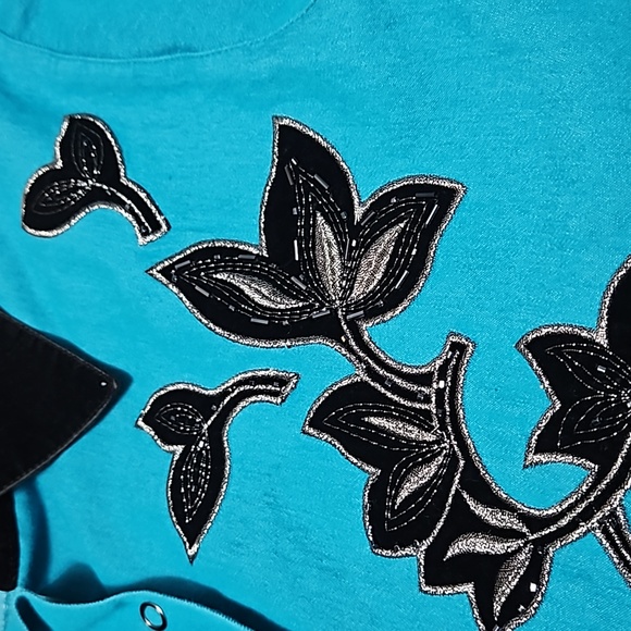 Victor Costa Occsn Western Snap Chambray Velvet Beaded Jacket Shirt Sze S #W-530 - Picture 9 of 13